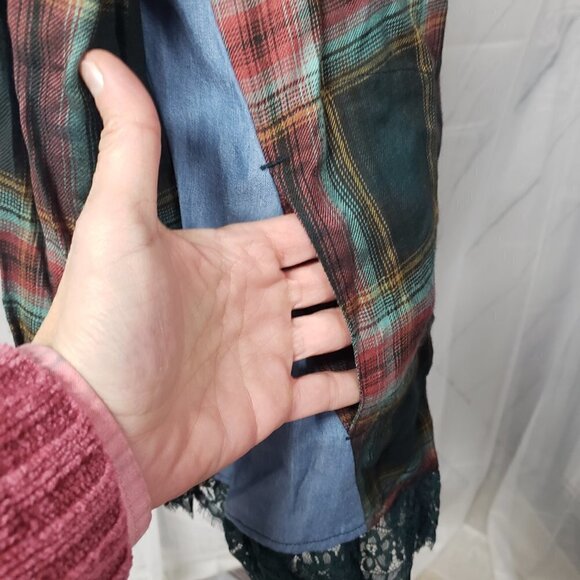 Logo Green Plaid Lace Chambray Modal Button Down Tunic Blouse Size 6 - Picture 4 of 13